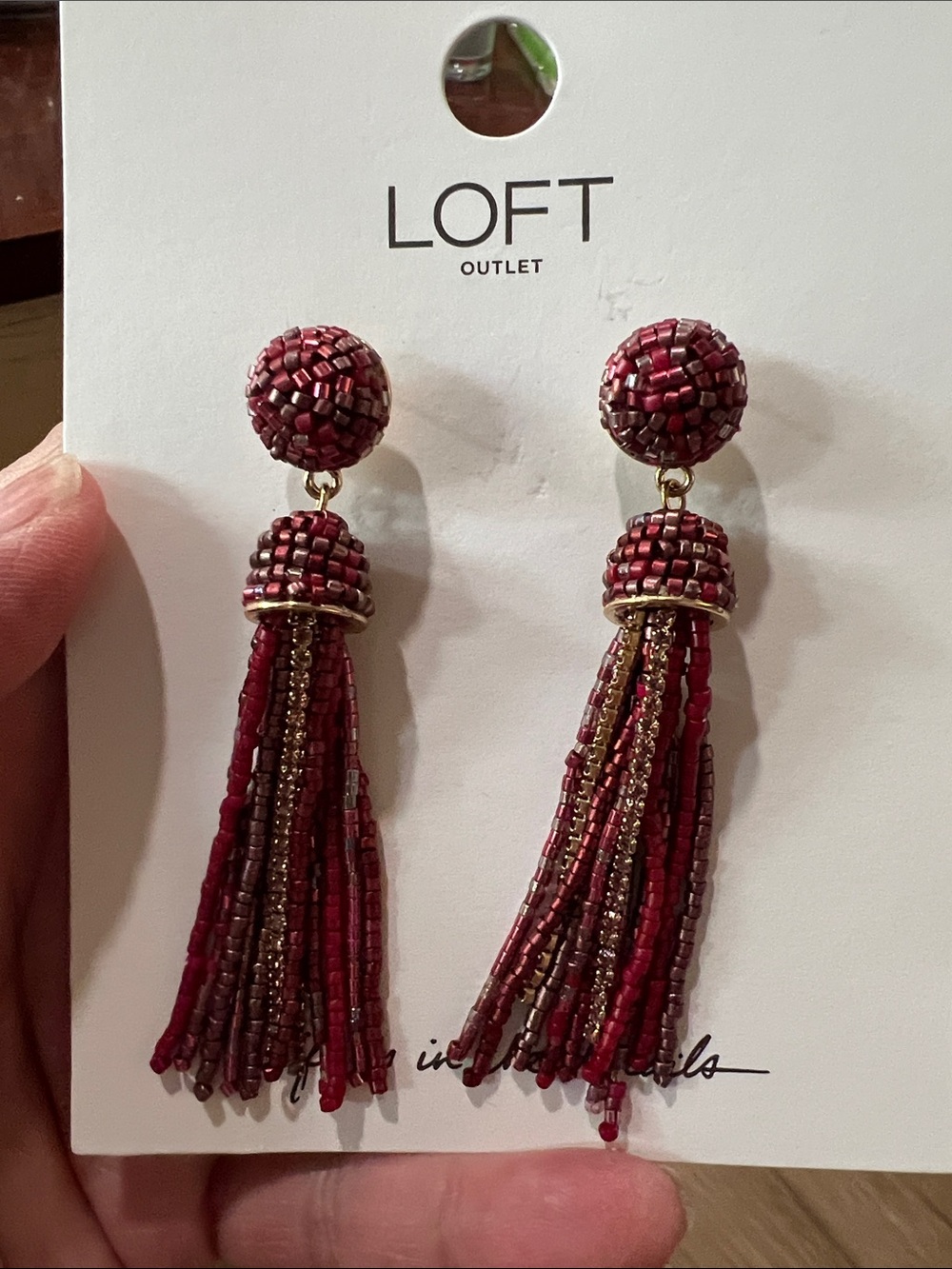 LOFT Burgundy and Gold Beaded Tassel Drop Earrings
